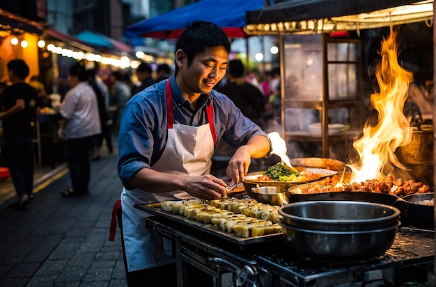 a man cooking food at a street vendor