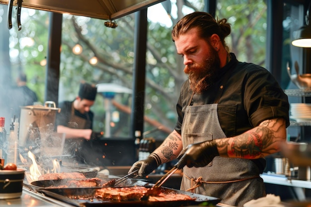 Photo a man cooking food on top of a grill