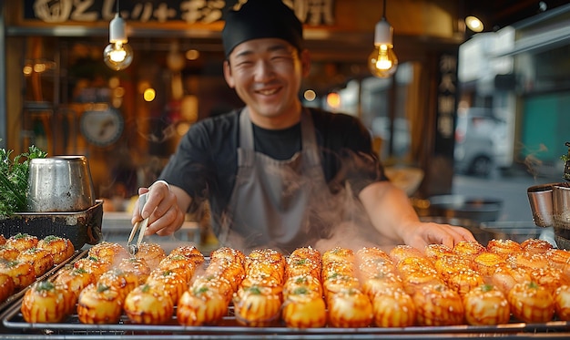 a man cooking food with a chef behind him