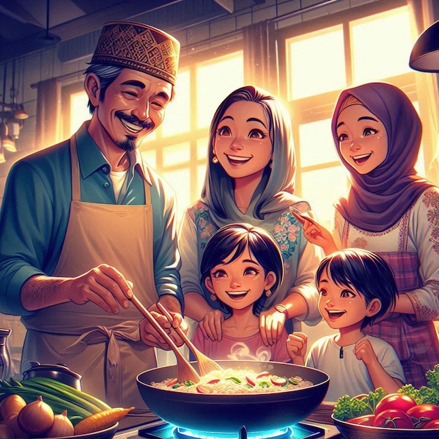 a man cooking food with a woman and two children in front of him