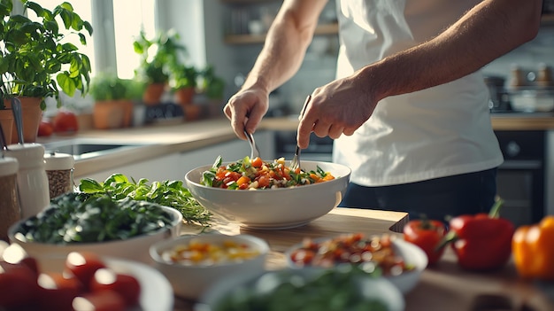 Photo man cooking healthy meals at home with