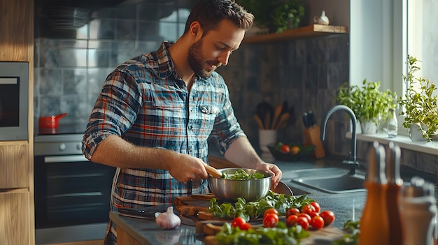 Photo man cooking healthy meals at home with