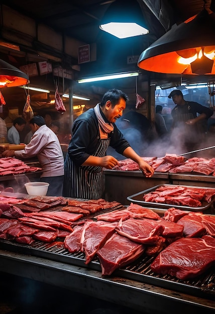 a man cooking meat in a store with a sign saying meat