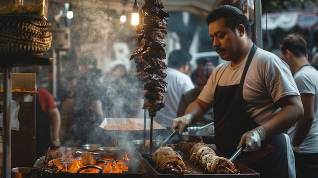 a man cooking meat with a stick of meat on it