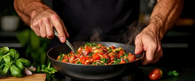 Man Cooking Pasta Dish In Home Kitchen CloseUp HandsOn Inviting Warm Light