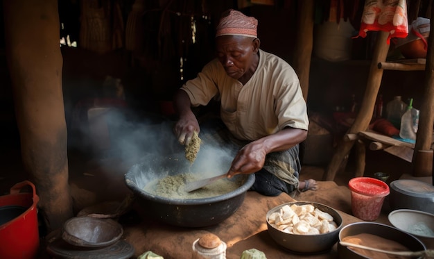 A man cooks food in a kitchen with a smokey background.