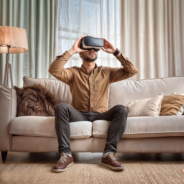 man on couch playing with virtual headset