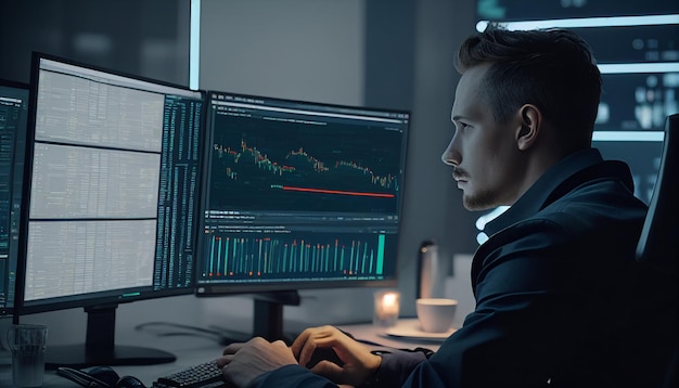 Man counting financial data at a modern office Computer screens on a table display stock exchange data Loan cost calculation for a corporation Generative AI