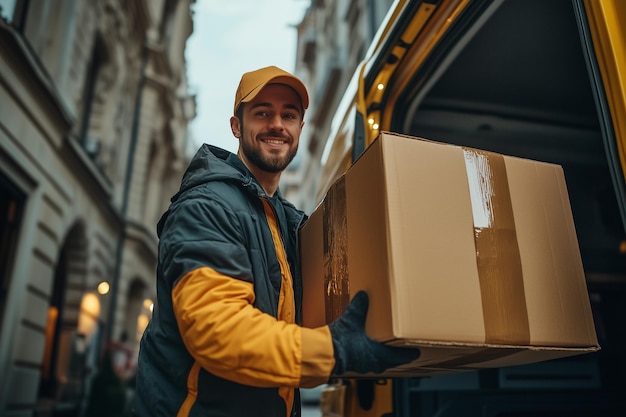 Photo man courier taking huge delivery box out from van