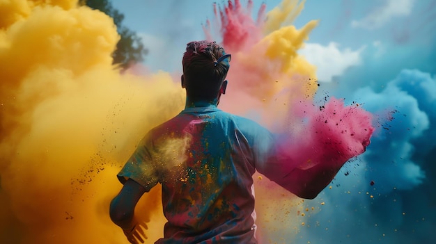 Man covered in colorful powder in front of a cloud of color