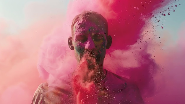 A man covered in colorful powder stands in a cloud of pink celebrating Holi