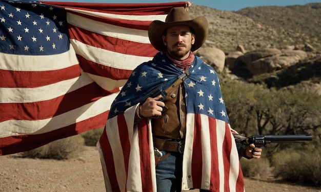 Photo a man in a cowboy hat holds a american flag