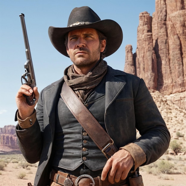 a man in a cowboy hat holds a gun in front of a rock formation