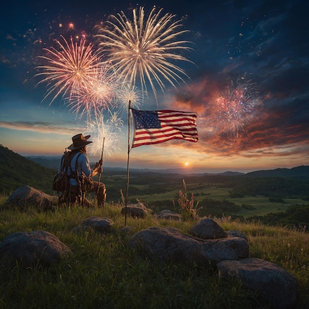 a man in a cowboy hat is holding a flag and a flag that says fireworks