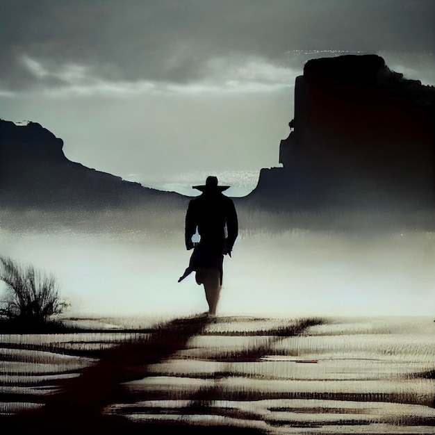 Man in a cowboy hat is walking through the desert generative ai