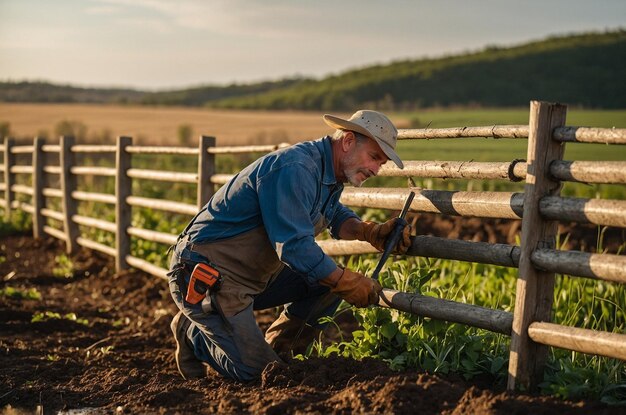 Photo a man in a cowboy hat is working in a field with a fence that says quot no quot