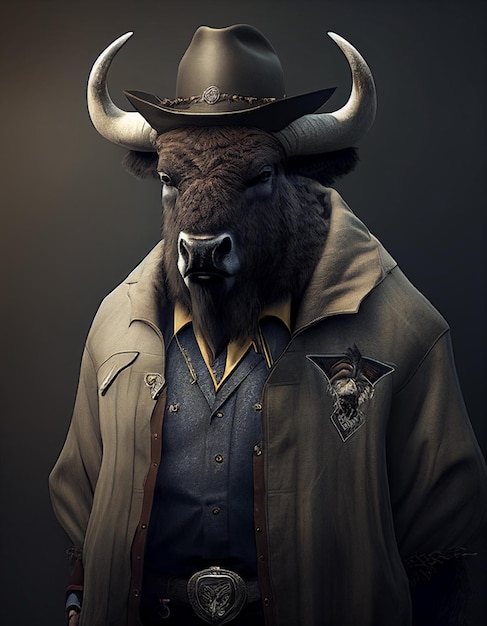 A man in a cowboy hat and jacket with a bull on it.