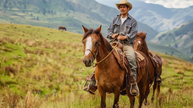 A man in a cowboy hat rides a brown horse in a grassy field