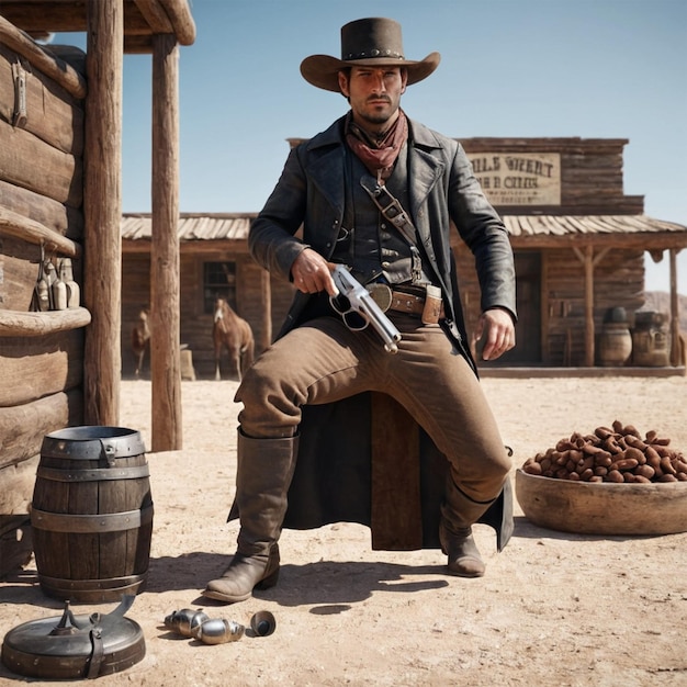 Photo a man in a cowboy hat sits in front of a store with a sign that says quot old town quot