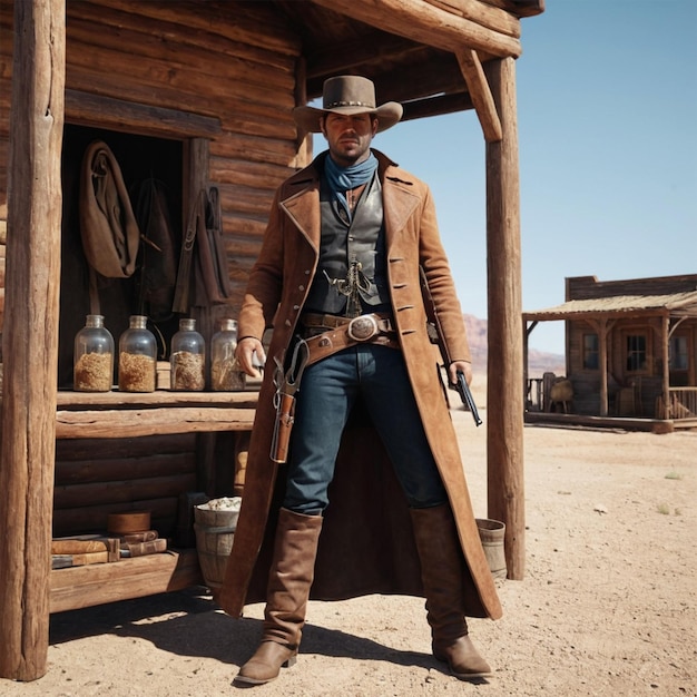 Photo a man in a cowboy hat stands in front of a cabin