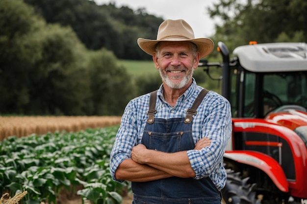 a man in a cowboy hat stands in front of a corn field