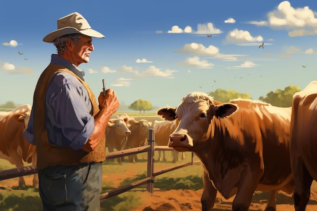 a man in a cowboy hat stands in front of a herd of cattle.