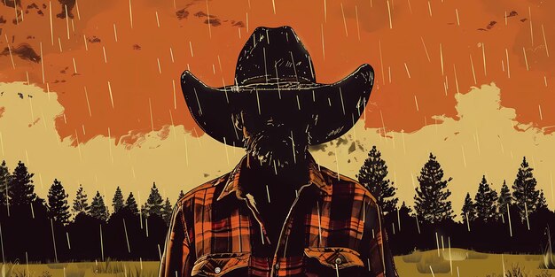 a man in a cowboy hat stands in the rain with trees in the background