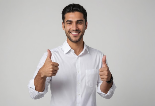 A man in a crisp white shirt smiles and gives a thumbs up exuding a professional and approachable