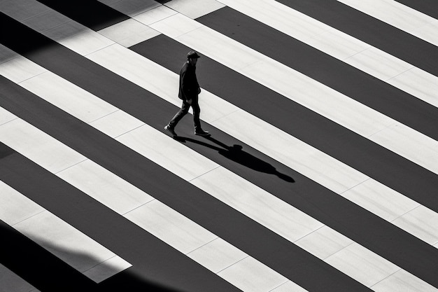 A man crosses the black and white markings on the road