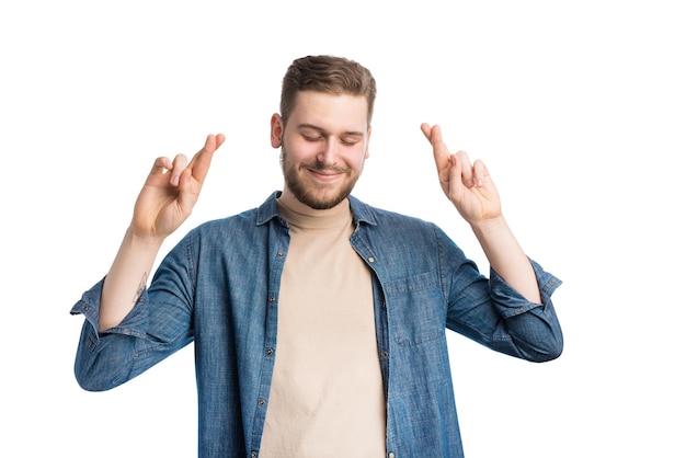 Man crossing fingers for luck