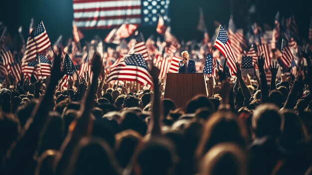 a man in a crowd of people holding flags and saying quot vote for the president quot