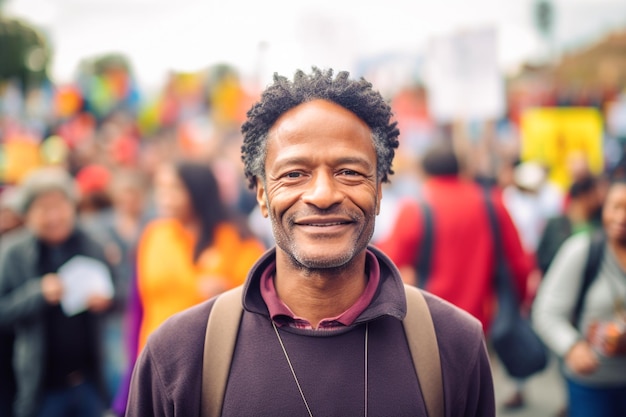 A man in a crowd of people with the word peace on his shirt