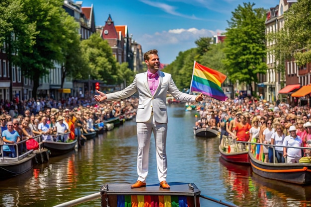 Photo man in the crowd at the podium at podium at gaypride canal boat parade at amsterdam the netherlands 382024