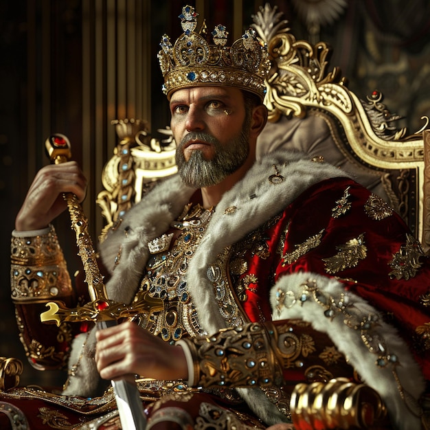 a man in a crown is holding a sword and a sword