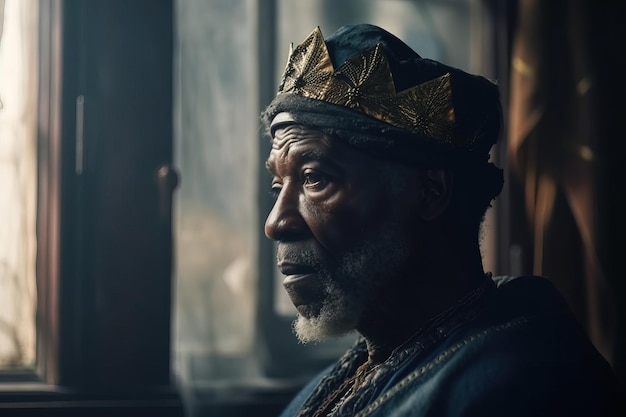 A man in a crown sits in front of a window