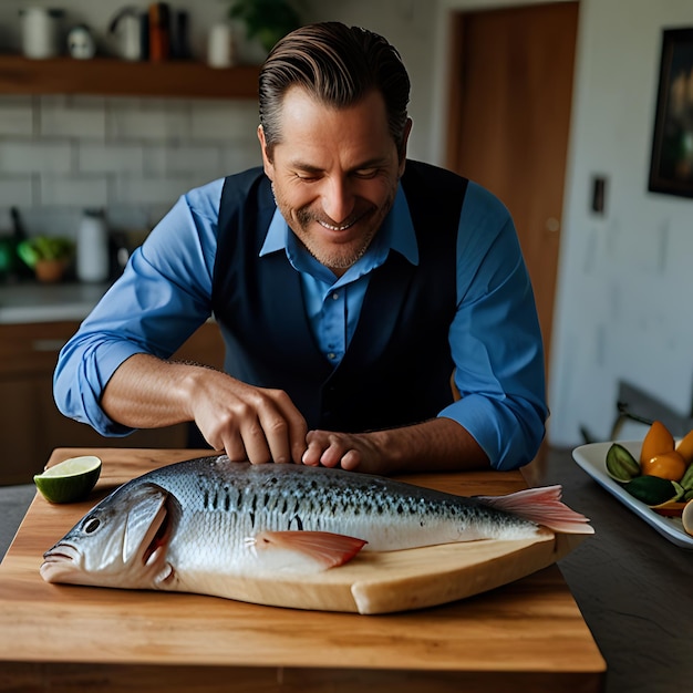 Photo a man cuts a fish on a cutting board in a kitchen