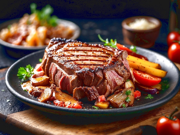 A man cutting steak slice with knife