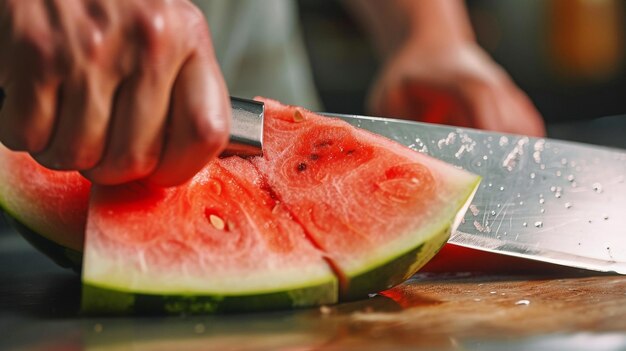 a man cutting a watermelon with a knife on top of it