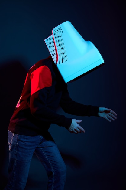 Man cyberpunk with a monitor instead of a head