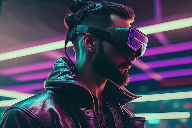 A man in a cyberpunkinspired outfit with neon lights and futuristic accessories standing in a dark alleyway in the metaverse Generated by AI