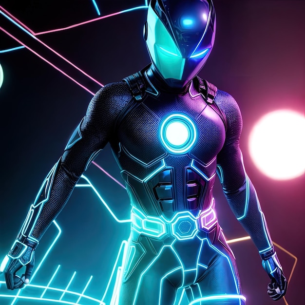 A man cyborg humanoid robot in superhero suit neon light