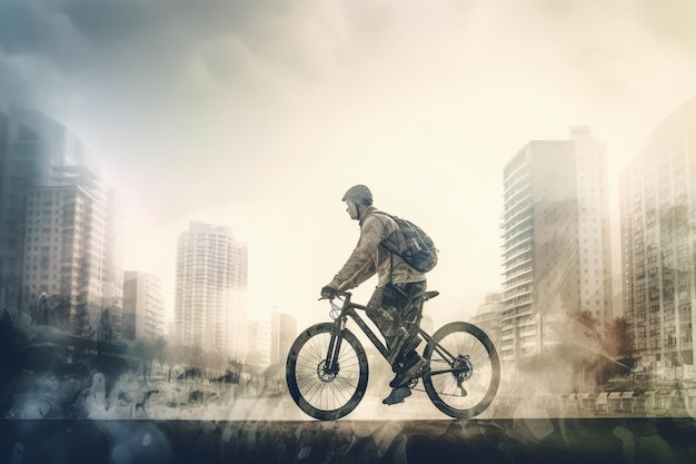 man on cycle building background generative ai