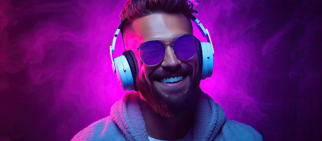 Man dancing and listening to music with headphones DJ s happiness and smile hipster lifestyle purple background with neon lights room for text