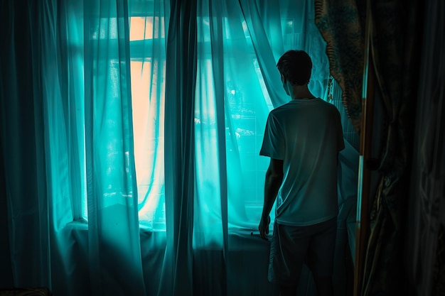 A man in a dark apartment with curtai