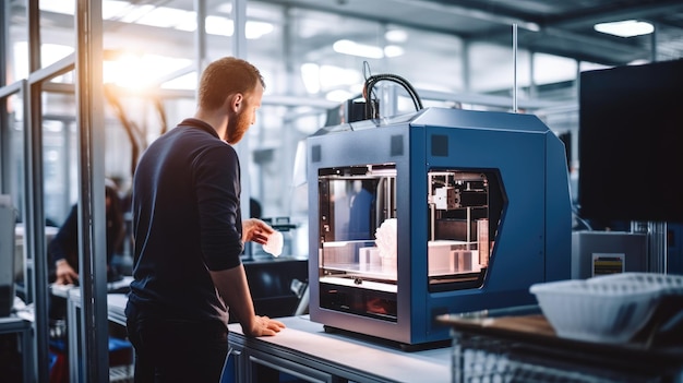 A man in a dark blue shirt stands near a 3D printer looking at the object being printed