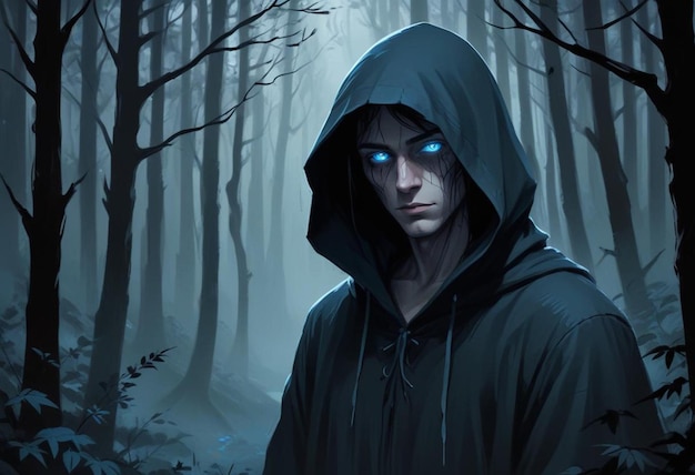 Photo a man in a dark forest with blue eyes and a dark forest background