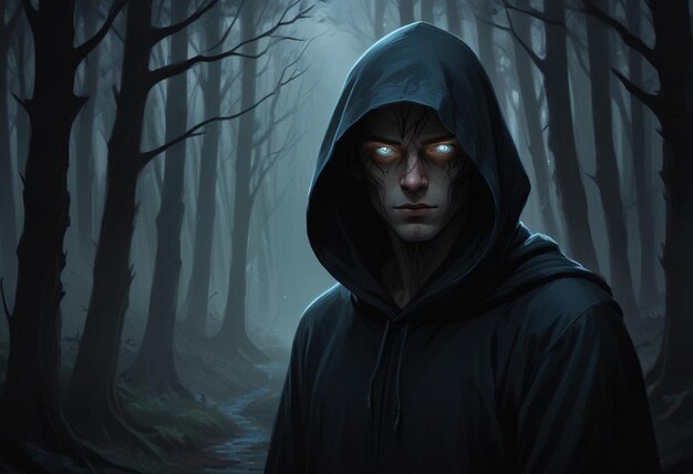 Photo a man in a dark forest with a dark hood and a dark hood