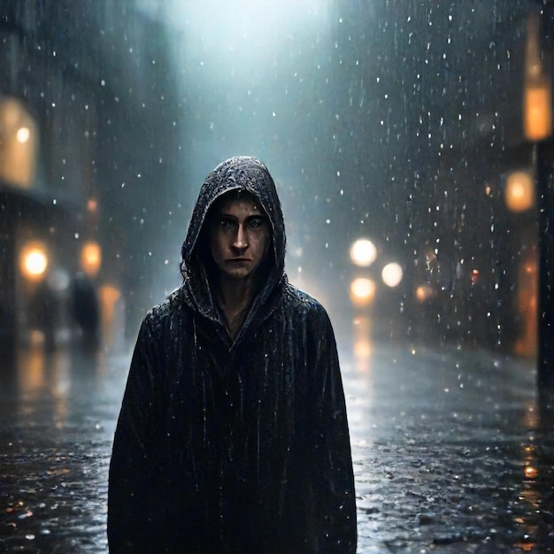 a man in a dark hood stands in the rain