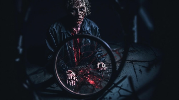 A man in a dark room with a broken wheel and a broken bike in the background.