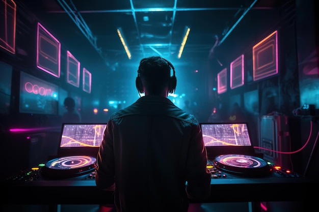 A man in a dark room with a dj's equipment.